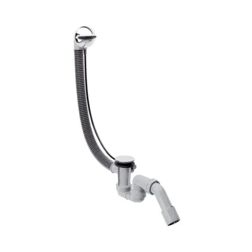 Hansgrohe Flexaplus Komplettset für Badewannenabfluss und Überlauf mit flexibler Verbindung, integriertem Ablauf und verchromtem Finish, an Wand montiert.